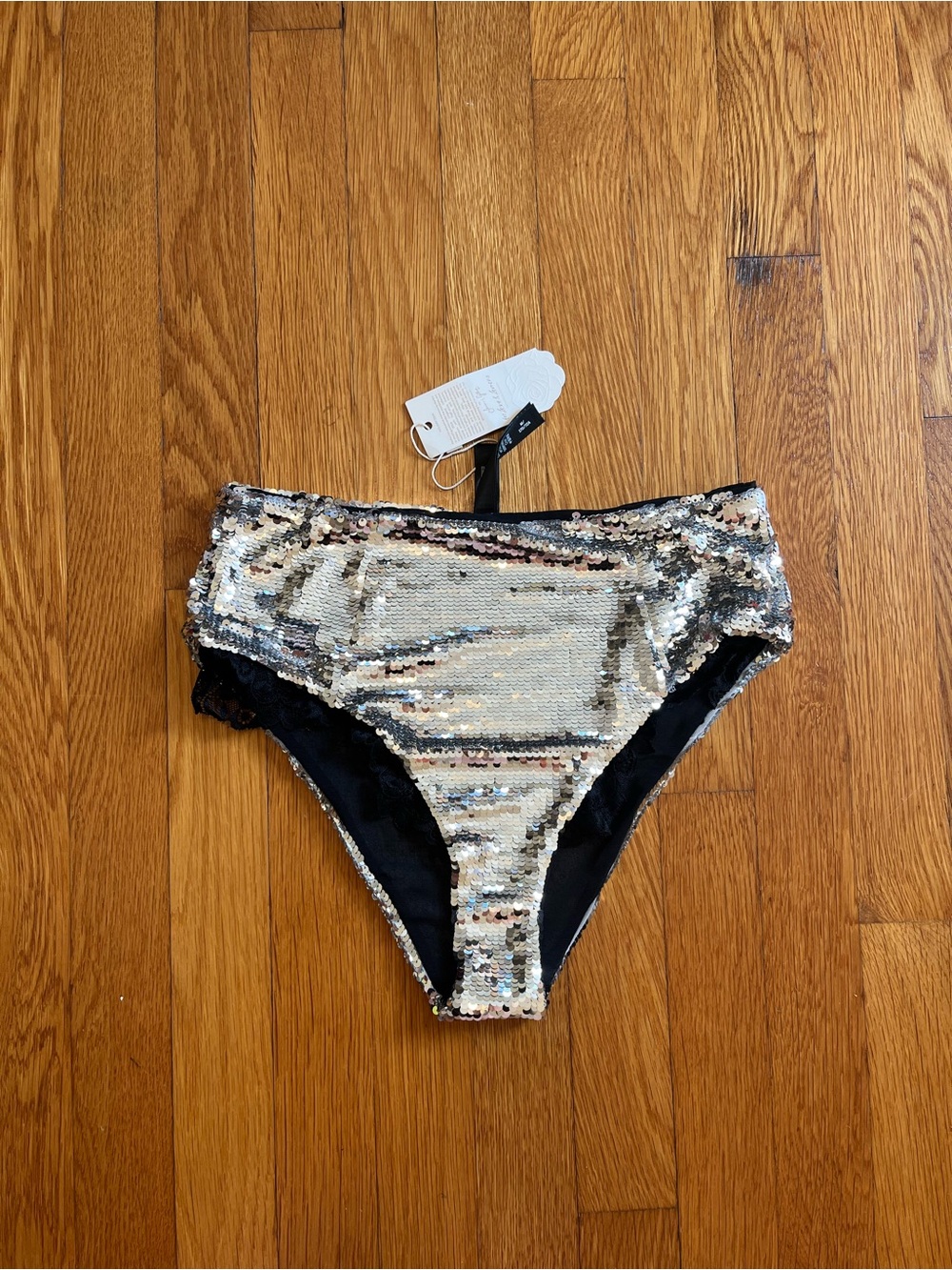 NWT For Love & Lemons Maia High Waist Black Lace Sequins Panty M